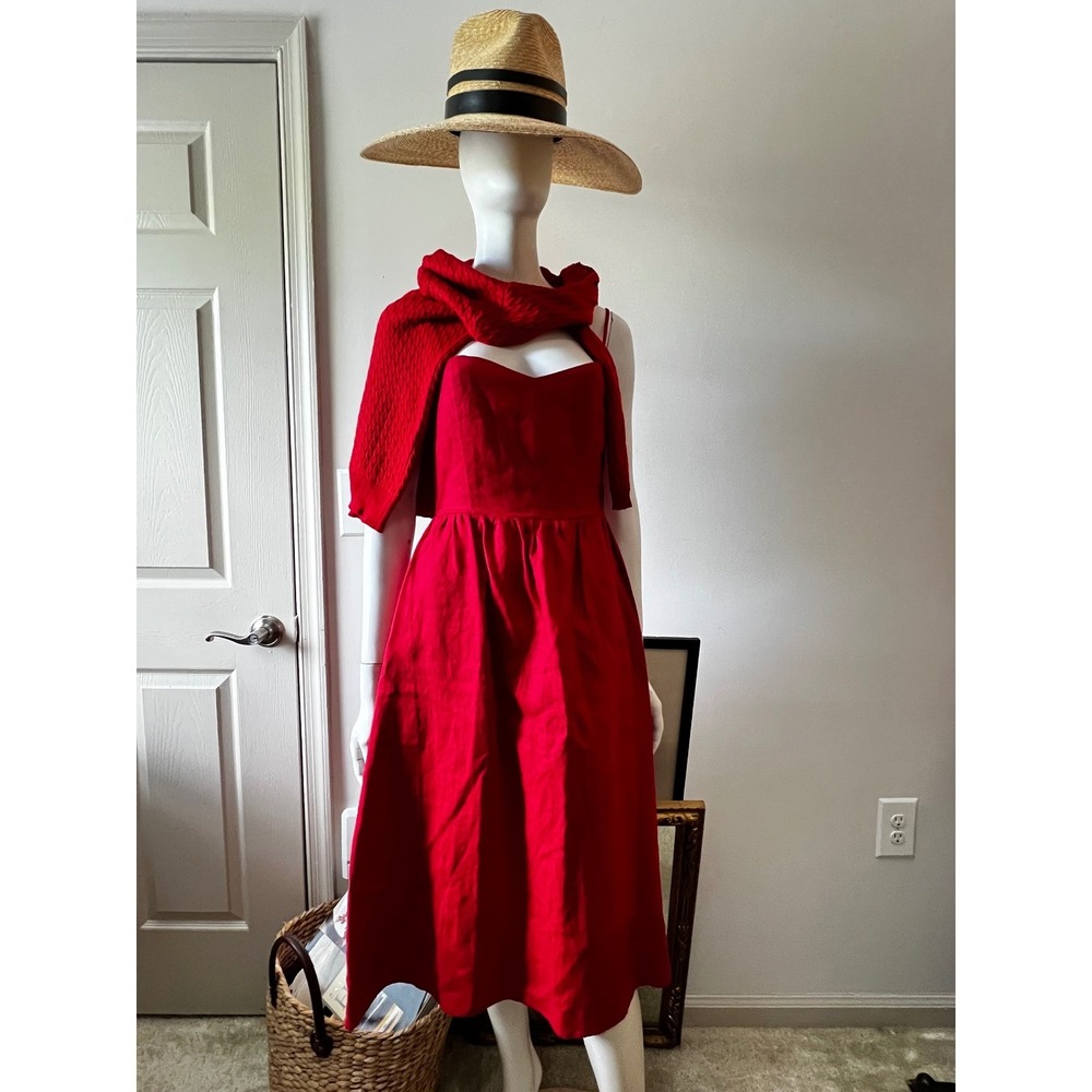 Reformation Red Linen Midi Dress Sweetheart Fit & Flare Pockets Tomato Girl 6